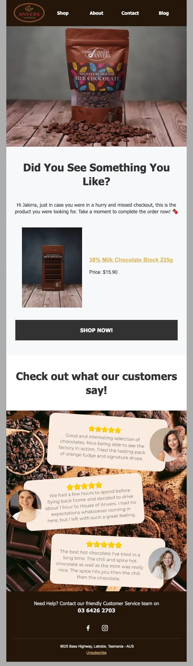 Anvers Tasmania email template